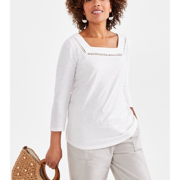 Style & Co. Tops - Style & Co Square Neck Top Crochet Trim 3/4 Sleeve White Size S NWT